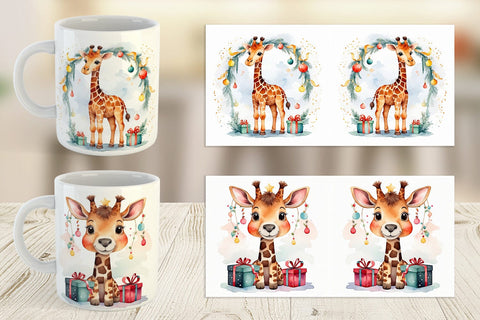 Mug Wrap Watercolor Christmas Giraffe Sublimation artnoy 