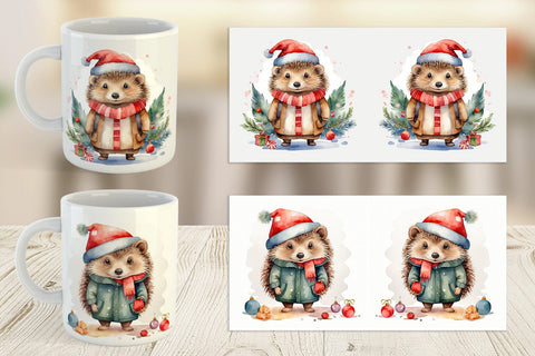 Mug Wrap Watercolor Christmas Hedgehog Sublimation artnoy 
