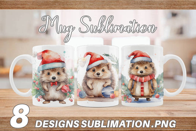 Mug Wrap Watercolor Christmas Hedgehog Sublimation artnoy 