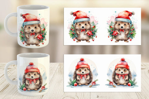 Mug Wrap Watercolor Christmas Hedgehog Sublimation artnoy 