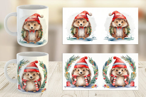 Mug Wrap Watercolor Christmas Hedgehog Sublimation artnoy 