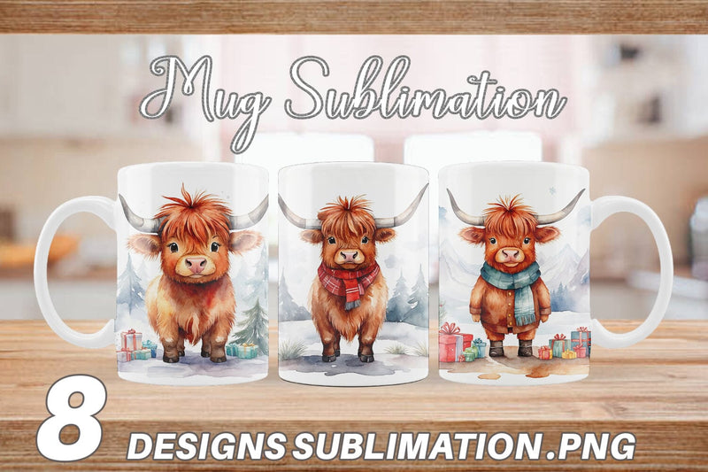 Mug Wrap Watercolor Christmas Highland Cow Sublimation artnoy 
