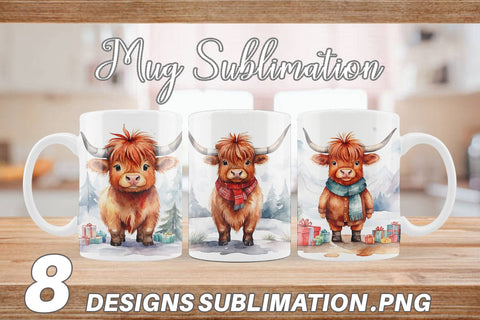 Mug Wrap Watercolor Christmas Highland Cow Sublimation artnoy 