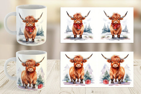 Mug Wrap Watercolor Christmas Highland Cow Sublimation artnoy 
