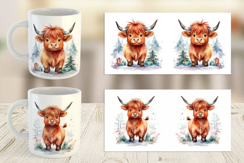 Mug Wrap Watercolor Christmas Highland Cow Sublimation artnoy 