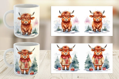 Mug Wrap Watercolor Christmas Highland Cow Sublimation artnoy 