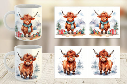 Mug Wrap Watercolor Christmas Highland Cow Sublimation artnoy 