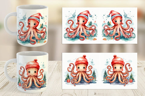 Mug Wrap Watercolor Christmas Octopus Sublimation artnoy 