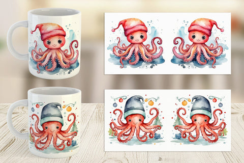 Mug Wrap Watercolor Christmas Octopus Sublimation artnoy 