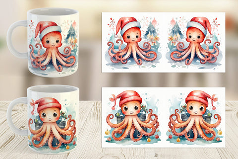 Mug Wrap Watercolor Christmas Octopus Sublimation artnoy 
