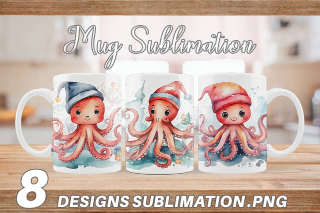 Mug Wrap Watercolor Christmas Octopus Sublimation artnoy 
