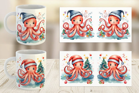 Mug Wrap Watercolor Christmas Octopus Sublimation artnoy 