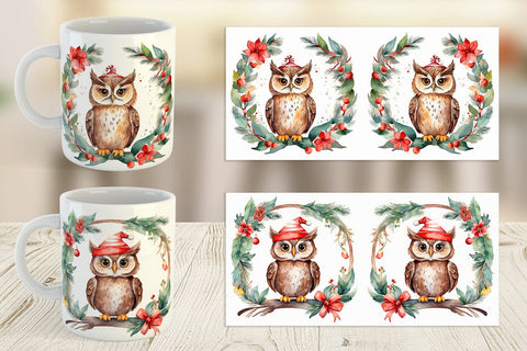 Mug Wrap Watercolor Christmas Owl Sublimation artnoy 