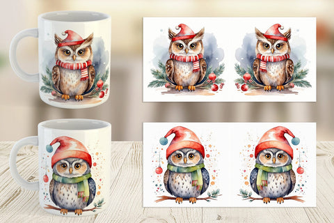 Mug Wrap Watercolor Christmas Owl Sublimation artnoy 