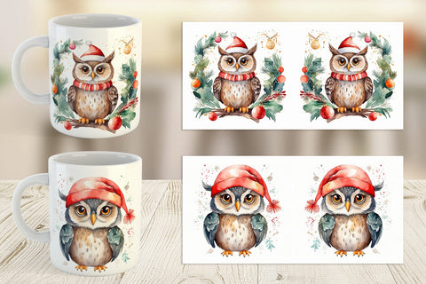 Mug Wrap Watercolor Christmas Owl Sublimation artnoy 