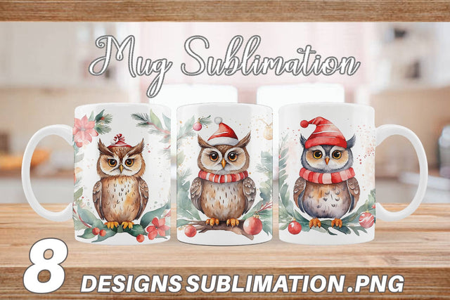 Mug Wrap Watercolor Christmas Owl Sublimation artnoy 
