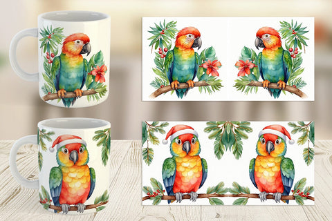 Mug Wrap Watercolor Christmas Parrot Sublimation artnoy 
