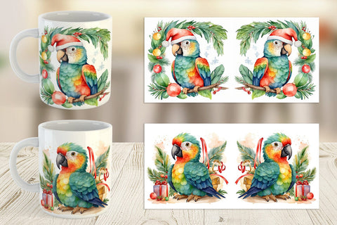 Mug Wrap Watercolor Christmas Parrot Sublimation artnoy 