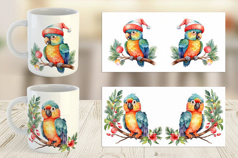 Mug Wrap Watercolor Christmas Parrot Sublimation artnoy 