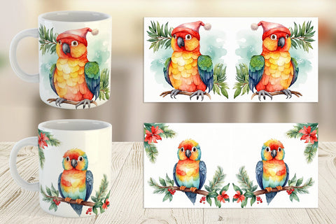 Mug Wrap Watercolor Christmas Parrot Sublimation artnoy 