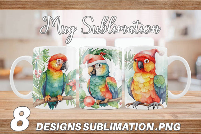 Mug Wrap Watercolor Christmas Parrot Sublimation artnoy 