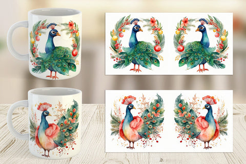 Mug Wrap Watercolor Christmas Peacock Sublimation artnoy 