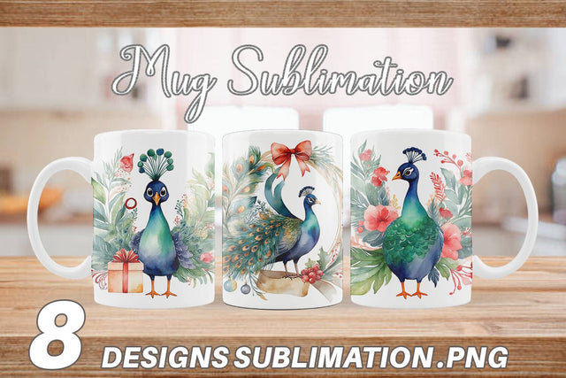 Mug Wrap Watercolor Christmas Peacock Sublimation artnoy 