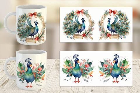 Mug Wrap Watercolor Christmas Peacock Sublimation artnoy 