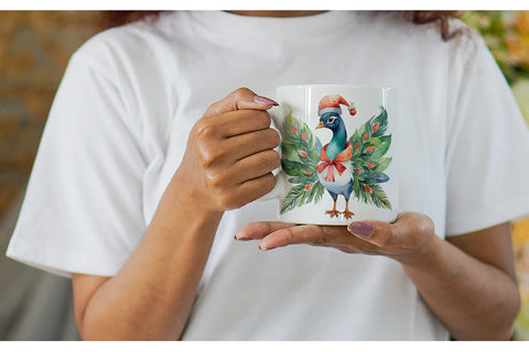 Mug Wrap Watercolor Christmas Peacock Sublimation artnoy 