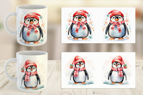 Mug Wrap Watercolor Christmas Penguin Sublimation artnoy 