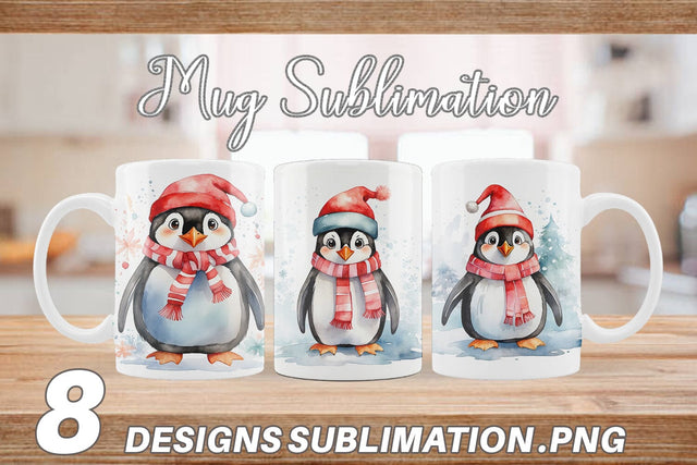 Mug Wrap Watercolor Christmas Penguin Sublimation artnoy 