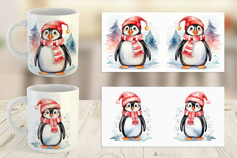 Mug Wrap Watercolor Christmas Penguin Sublimation artnoy 