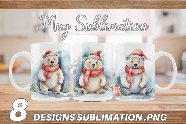 Mug Wrap Watercolor Christmas Polar Bear Sublimation artnoy 