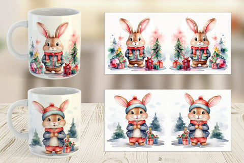 Mug Wrap Watercolor Christmas Rabbit Sublimation artnoy 