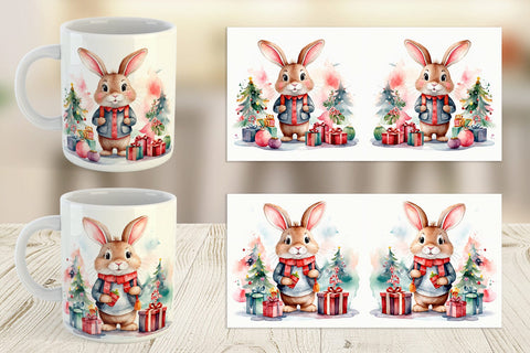 Mug Wrap Watercolor Christmas Rabbit Sublimation artnoy 