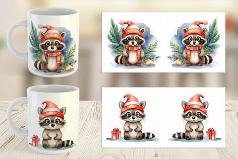 Mug Wrap Watercolor Christmas Raccoon Sublimation artnoy 