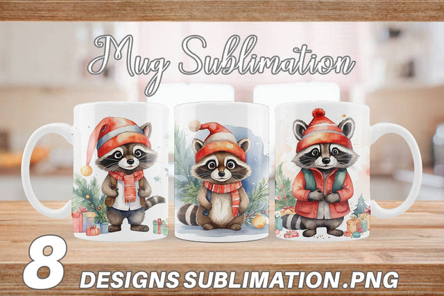 Mug Wrap Watercolor Christmas Raccoon Sublimation artnoy 
