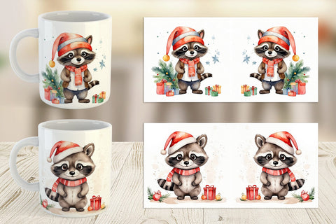 Mug Wrap Watercolor Christmas Raccoon Sublimation artnoy 