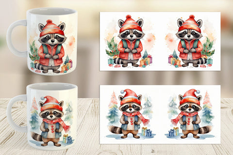 Mug Wrap Watercolor Christmas Raccoon Sublimation artnoy 