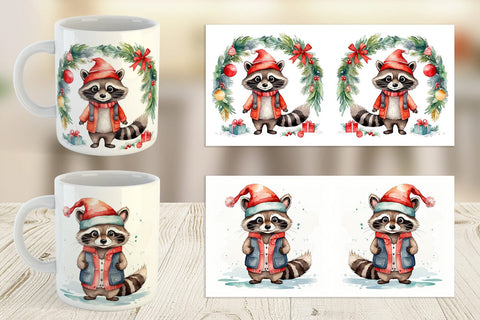 Mug Wrap Watercolor Christmas Raccoon Sublimation artnoy 