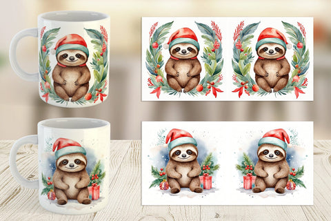 Mug Wrap Watercolor Christmas sloth Sublimation artnoy 