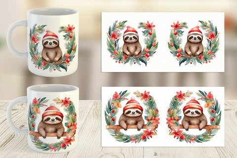 Mug Wrap Watercolor Christmas sloth Sublimation artnoy 