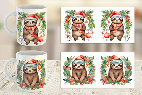 Mug Wrap Watercolor Christmas sloth Sublimation artnoy 