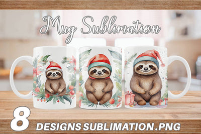 Mug Wrap Watercolor Christmas sloth Sublimation artnoy 