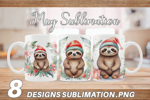 Mug Wrap Watercolor Christmas sloth Sublimation artnoy 