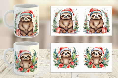 Mug Wrap Watercolor Christmas sloth Sublimation artnoy 