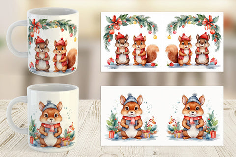 Mug Wrap Watercolor Christmas Squirrel Sublimation artnoy 
