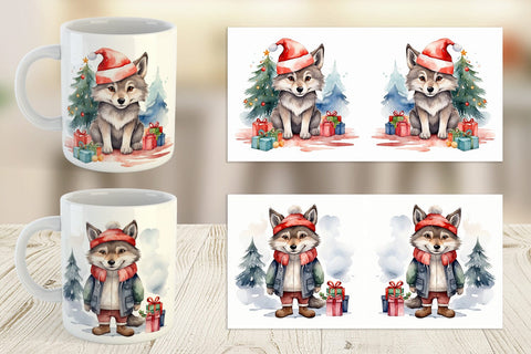 Mug Wrap Watercolor Christmas Wolf Sublimation artnoy 