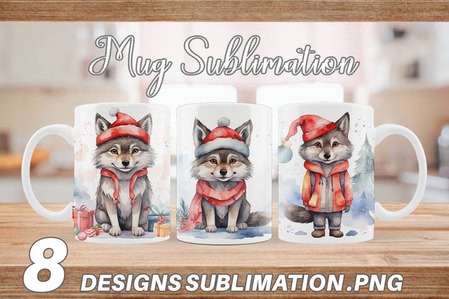 Mug Wrap Watercolor Christmas Wolf Sublimation artnoy 