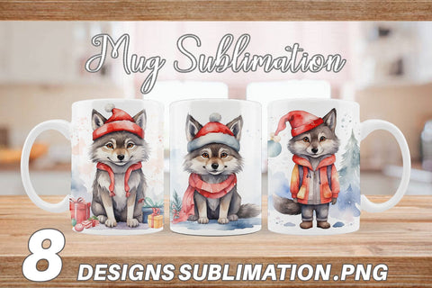 Mug Wrap Watercolor Christmas Wolf Sublimation artnoy 